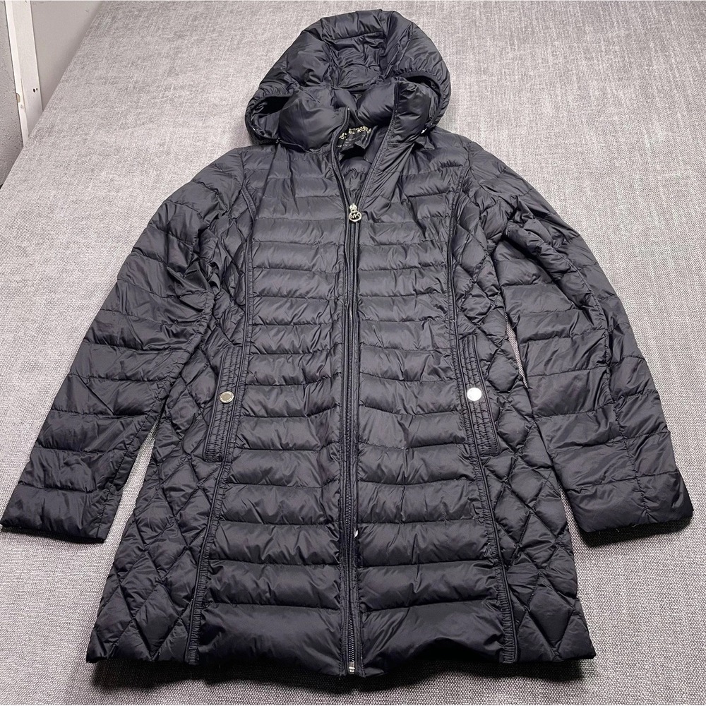 Michael Kors Womens Medium Black Packable Puffer Jacket Hooded Down Fill Quilted